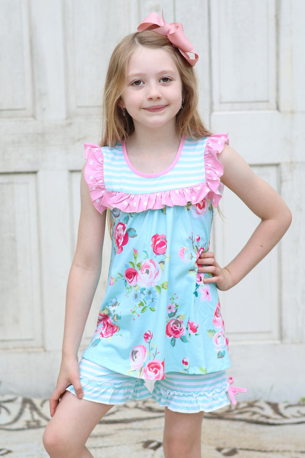 Mint & Pink Chloe Floral Ruffle Sleeveless Top & Stripe Bow Shorts