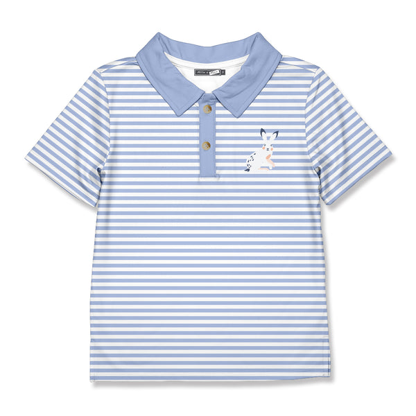 Millie Loves Lily Boys Blue Short Sleeve Stripe Polo Shirt With Bunny Image