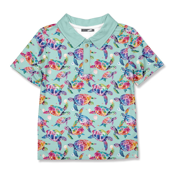 Kids Mint Tie Dye Turtles Polo