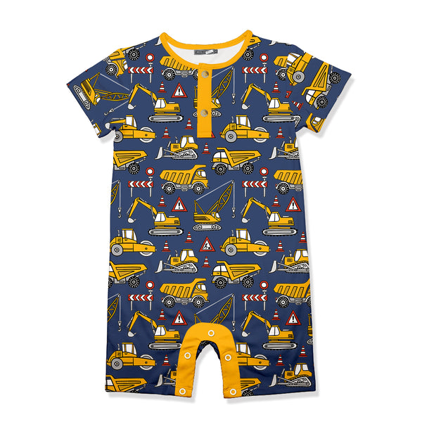Dusty Navy Construction Vehicles Short-Sleeve Romper