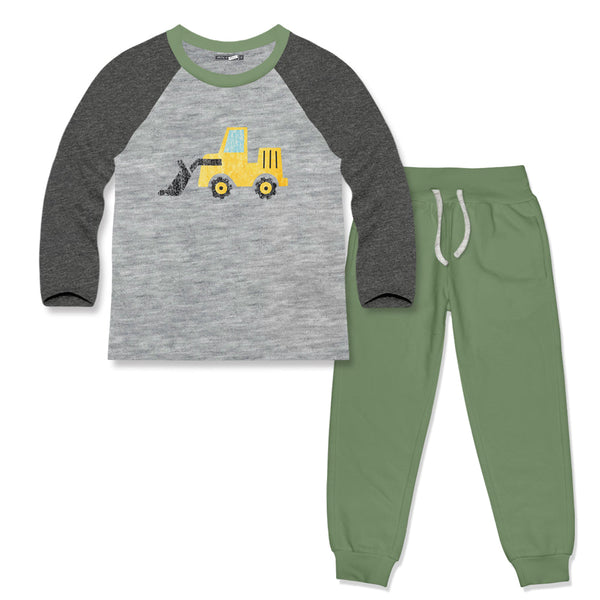 Kids Gray & Loden Frost Construction Truck Tee & French Terry Joggers