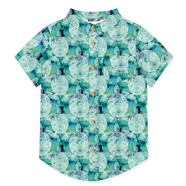 Turquoise Green Tie-Dye Turtle Short-Sleeve Button-Up