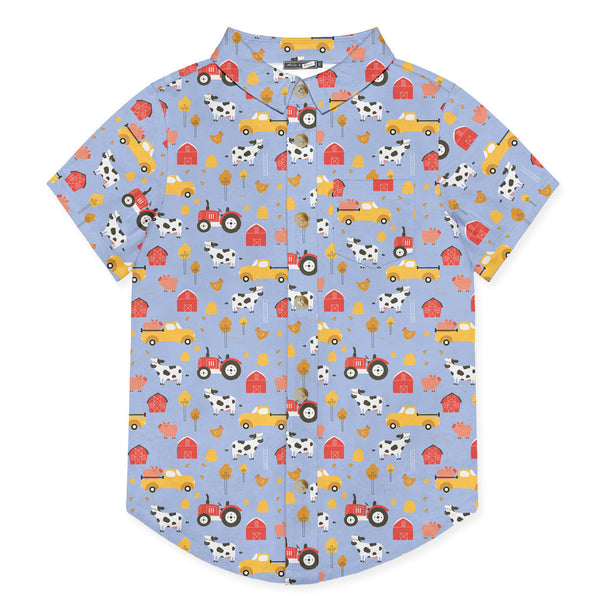 Kids Periwinkle Farm Tractor Short-Sleeve Button-Up