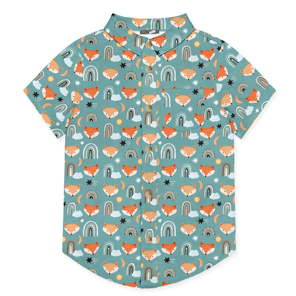Kids Nile Blue Rainbow Fox Short-Sleeve Button-Up