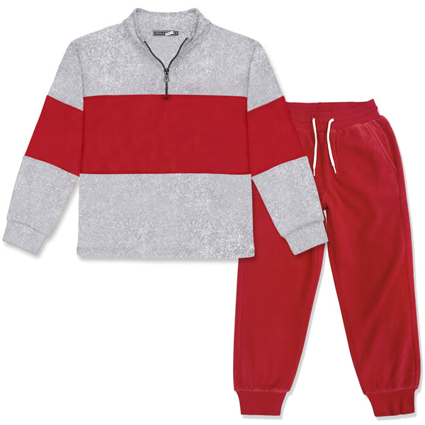 Red & Gray Heather Polar Fleece Color Block Quarter-Zip Pullover & Joggers