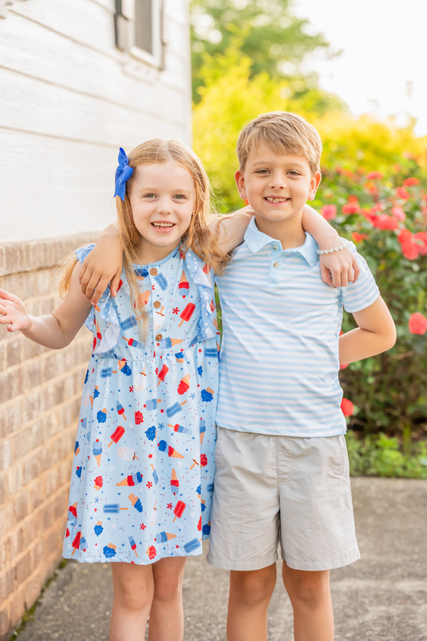 Ice Blue Ice Cream Button Ruffle-Sleeve Dress