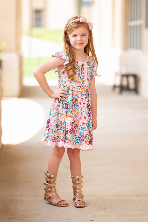 Light Pink Christie Flower Button-Front Angel-Sleeve Dress