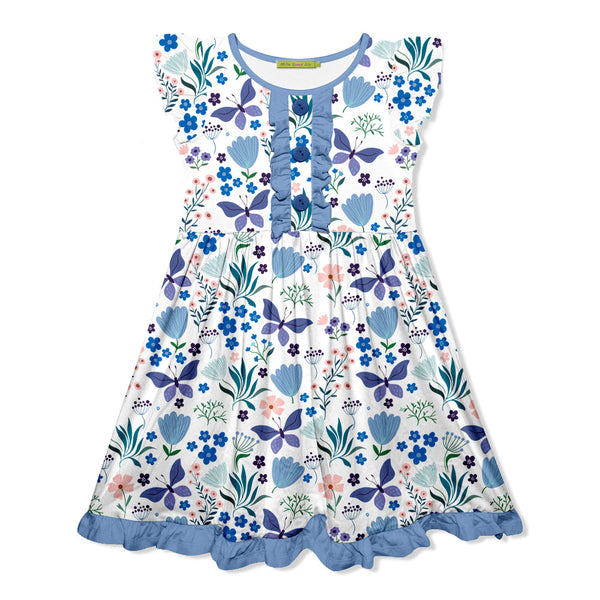 Kids Blue Floral Button-Front Angel-Sleeve Dress