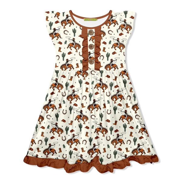 Kids Rodeo Cactus Ruffle Front Angel-Sleeve Dress