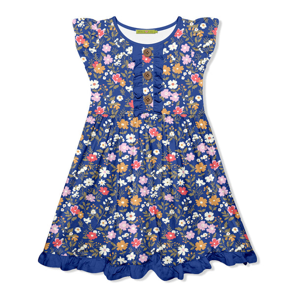 Kids Navy Beatrice Floral Button-Front Angel-Sleeve Dress