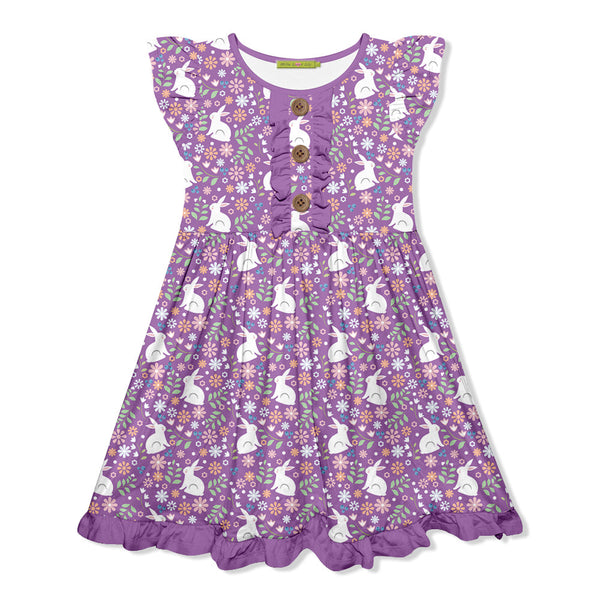 Kids Purple Spring Bunny Button-Front Angel-Sleeve Dress