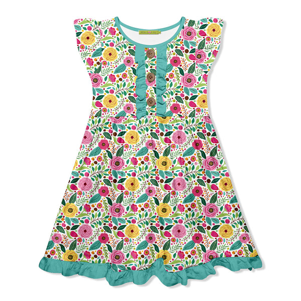 Kids Turquoise Flowering Button-Front Angel-Sleeve Dress