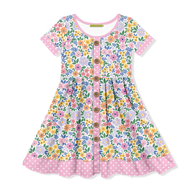 Kids Pink Spring Bouquet Button-Up A-Line Dress