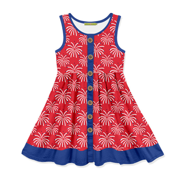 Kids Red Fireworks Button-Up Sleeveless Dress