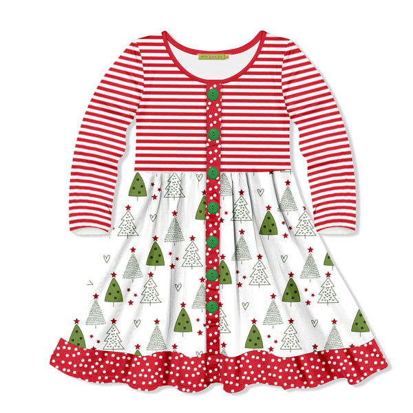 White & Red Christmas Tree Forest Long-Sleeve A-Line Dress