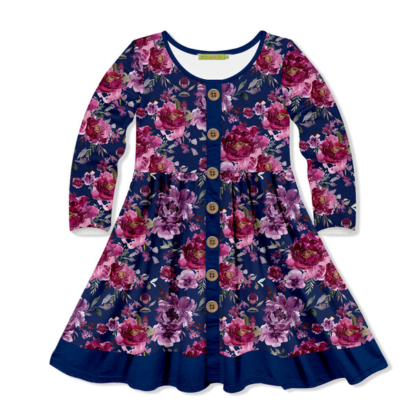 Millie Loves Lily Navy Floral Dress with Decorative Buttons and Contrast Banding
