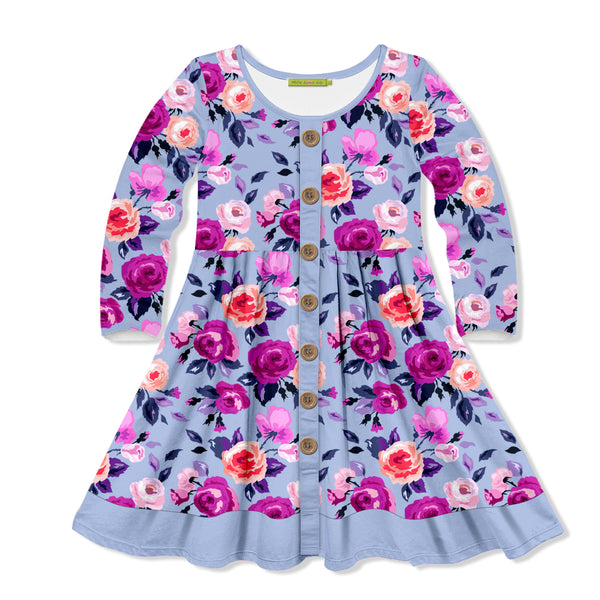 Millie Loves Lily Periwinkle Floral Dress with Decorative Buttons and Contrast Banding