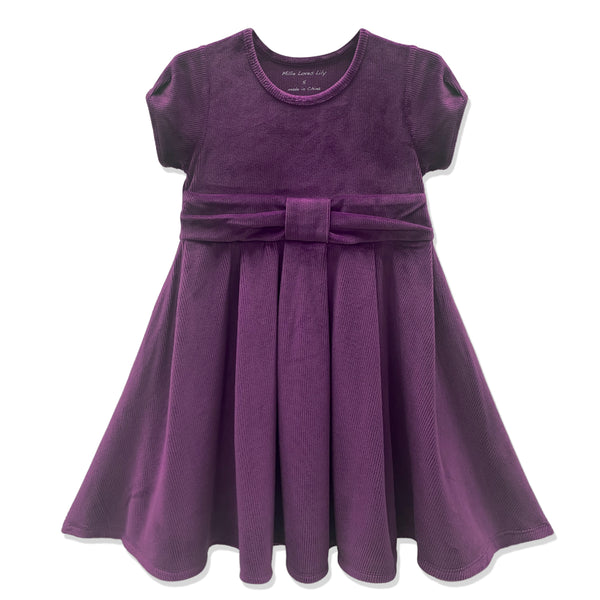 Millie Loves Lily Girls' Plum Rib Velour Short Sleeve Dress With Bow Waistband