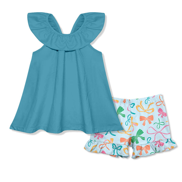 Kids Turquoise Ruffle Yoke Top & Bows Shorts