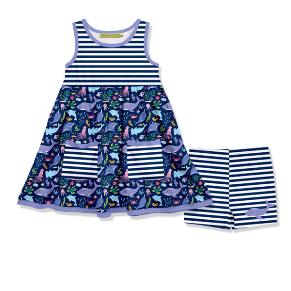 Kids Navy Sea World Sleeveless Pocket A-Line Dress & Stripe Shorts