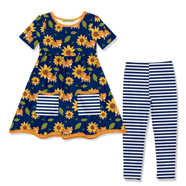 Navy Cats Sunflowers Pocket A-Line Dress & Stripe Leggings