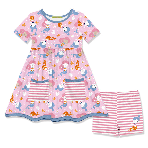Pink Mermaid Swim Pocket A-Line Dress & Stripe Shorts
