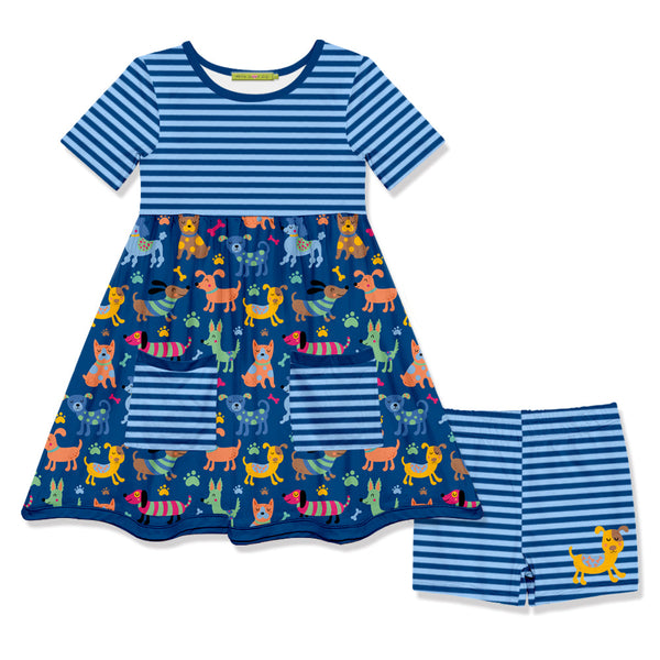 Kids Blue Doggies Pocket A-Line Dress & Stripe Shorts