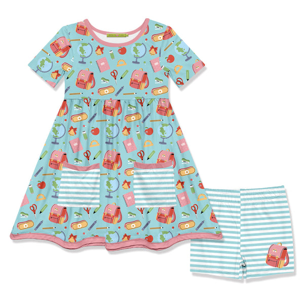 Kids Mint School Supplies Pocket Dress & Stripe Shorts Set