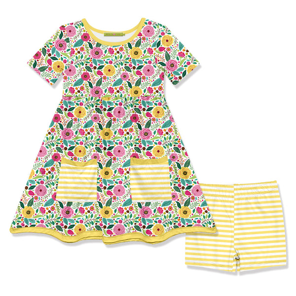 Kids Yellow Flowering Pocket A-Line Dress & Stripe Shorts