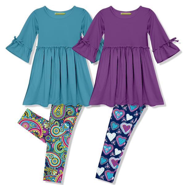 Millie Loves Lily Girls Turq And Dk Purple Dress And Printed Leggings Set,4-PCS