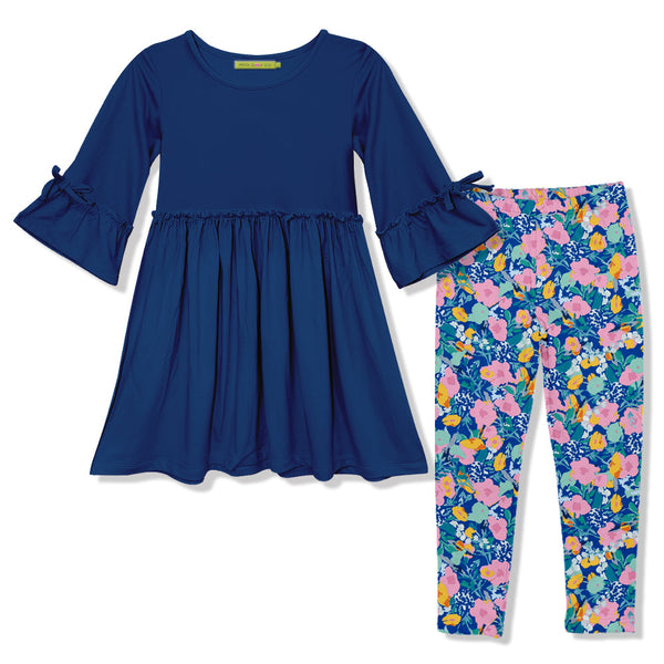 Kids Navy Bell-Sleeve Dress & Floral Whimsy Leggings Set