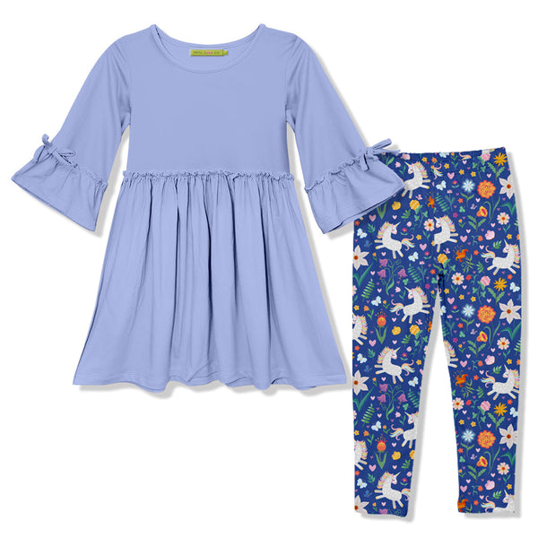 Kids Periwinkle Bow Bell-Sleeve A-Line Dress & Unicorn Prance Leggings