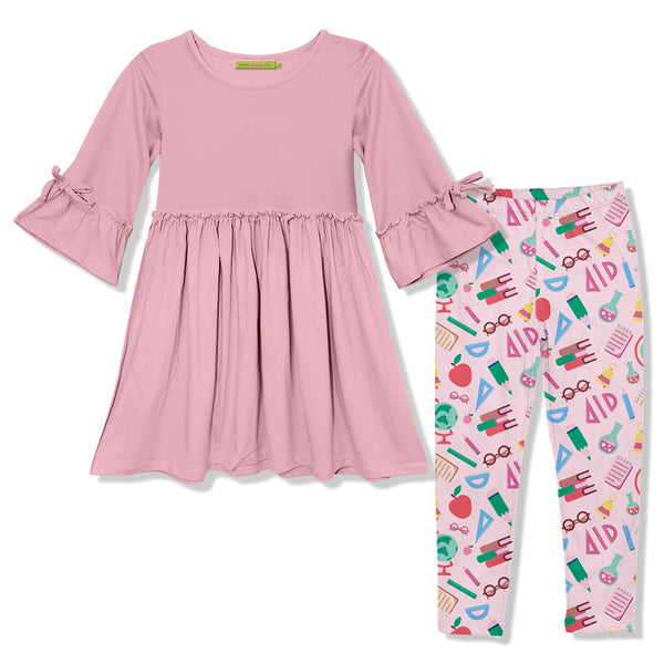 Kids Pink Bow Bell-Sleeve A-Line Dress & BTS Accessories Leggings