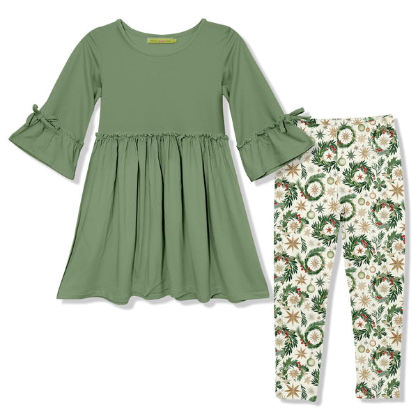 Kids Loden Frost Bow Bell-Sleeve A-Line Dress & Christmas Wreaths Leggings