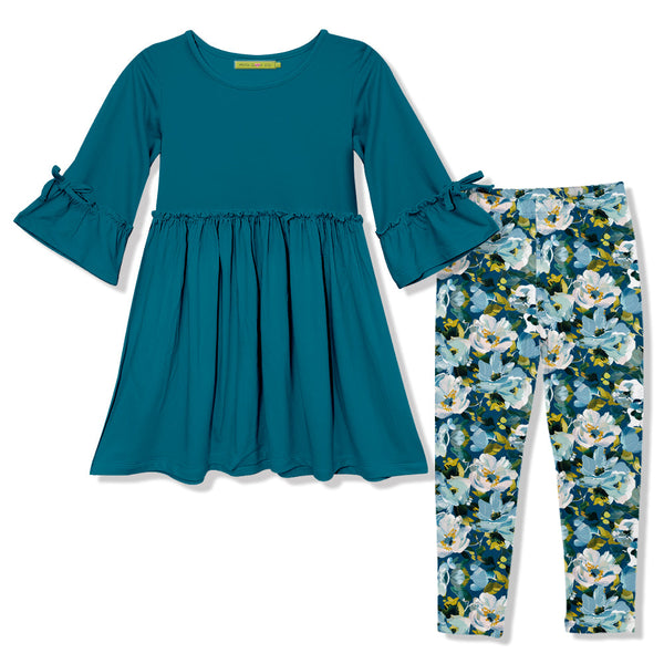 Kids Teal Bow Bell-Sleeve A-Line Dress & Floral Leggings