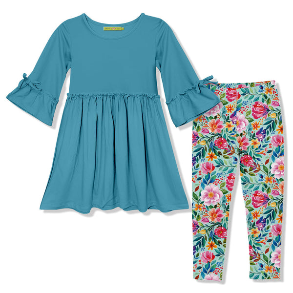 Kids Turquoise Bow Bell-Sleeve A-Line Dress & Becky Floral Leggings