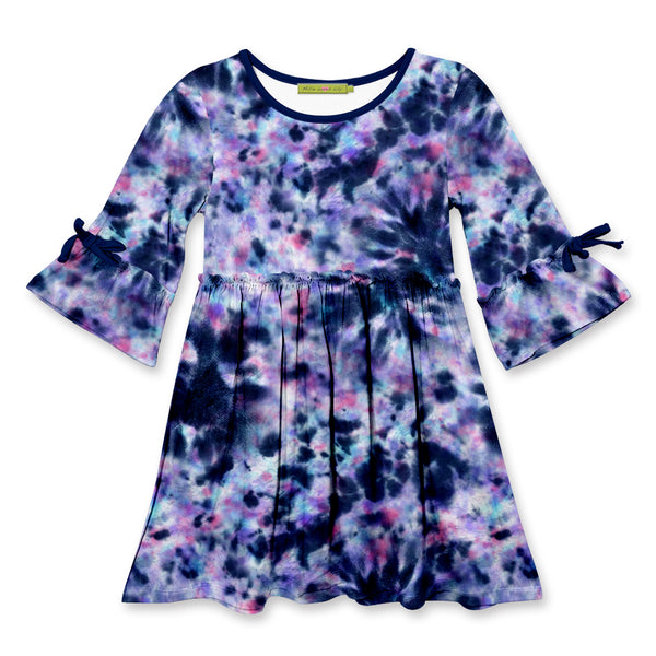 Midnight Tie-Dye Bow Bell-Sleeve A-Line Dress