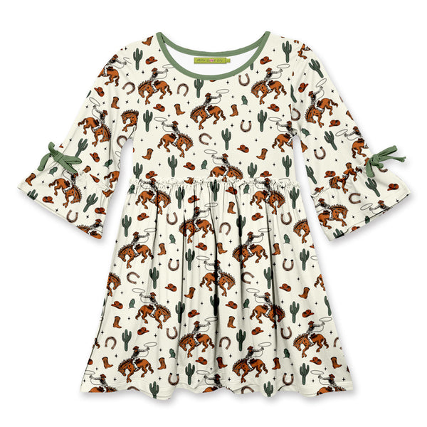 Kids Cream Rodeo Cactus Bow Bell-Sleeve A-Line Dress