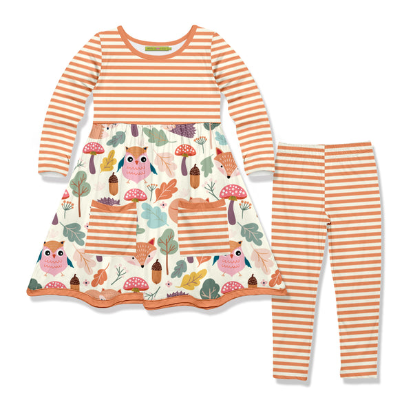 Millie Loves Lily Girls Orange Woodland Owl 2 Pocket Dress & Legging Set