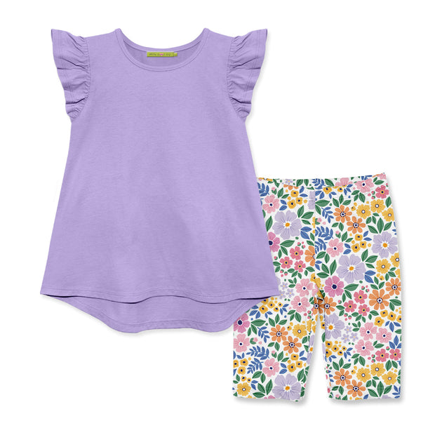Kids Orchid Petal Angel-Sleeve Hi-Low Top & Spring Bouquet Bike Shorts
