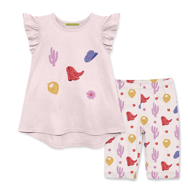 Kids Pale Pink Angel-Sleeve Hi-Low Top & Western Cactus Bike Shorts