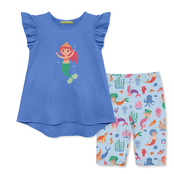 Kids Marina Blue Angel-Sleeve Hi-Low Top & Mermaid Sea Bike Shorts