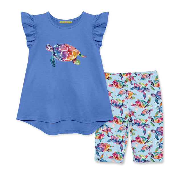 Kids Marina Blue Angel-Sleeve Hi-Low Top & Tie-Dye Turtles Bike Shorts