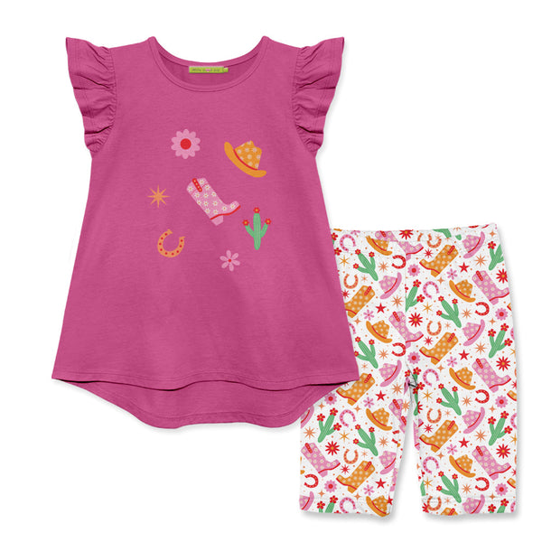 Kids Rose Violet Angel-Sleeve Hi-Low Top & Western Style Bike Shorts