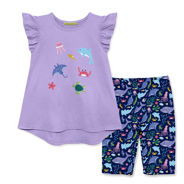 Kids Orchid Petal Angel-Sleeve Hi-Low Top & Sea World Bike Shorts