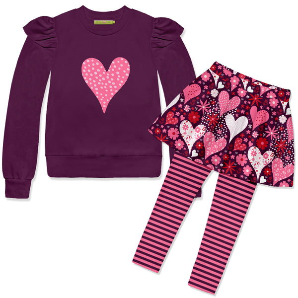 Plum Angel-Sleeve Sweatshirt & Heart Skirted Leggings