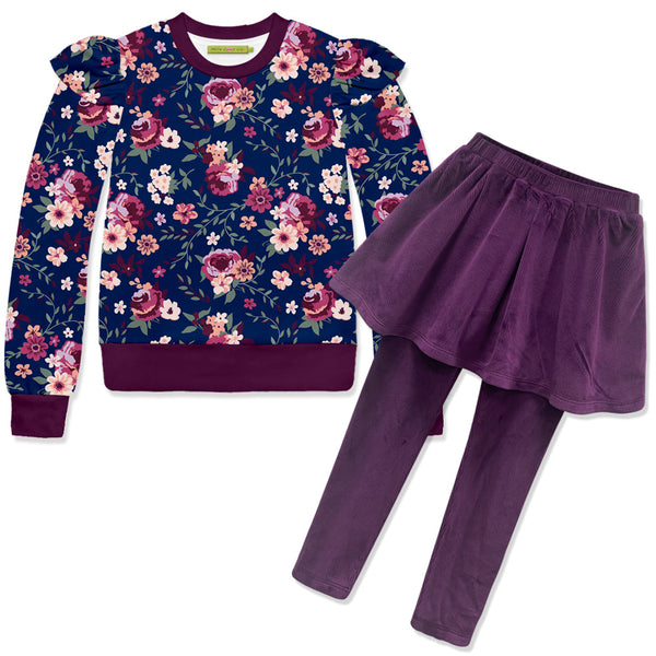 Kids Willow Floral Velour Sweatshirt & Plum Skirted Leggings