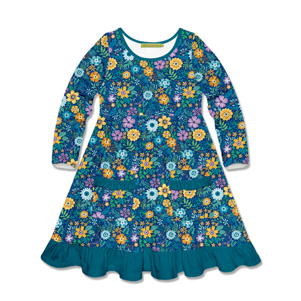 Kids Teal Forever Floral Patch-Pocket Long-Sleeve A-Line Dress