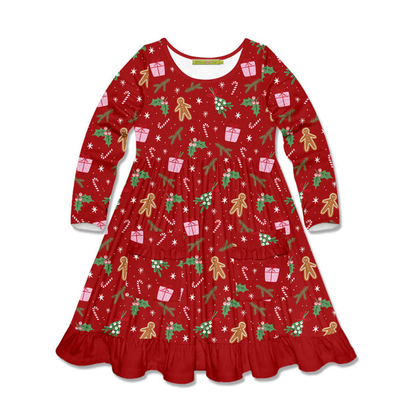 Kids Red Christmas Holly Patch Pocket Long Sleeve A-Line Dress