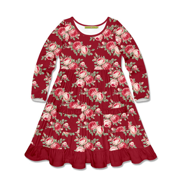 Kids Red Rose Patch-Pocket Long-Sleeve A-Line Dress